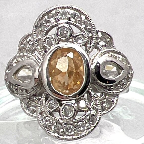 Sterling Silver Ring CZs Champaign & Clear Bezel Set Intricate Cluster Design - Picture 9 of 9